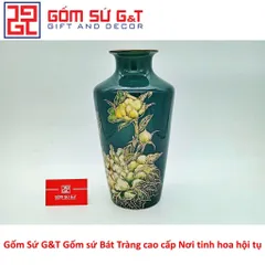 Lọ Hoa Vai Vuông Vẽ Sen Vàng Kim 24K Gốm Sứ - Vật Phẩm Phong Thủy Sang Trọng, Quà Tặng Ý Nghĩa