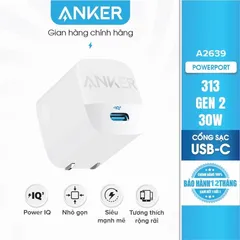 Củ Sạc Nhanh 30W Anker 313 - Công Nghệ GaN Tiên Tiến, Sạc Siêu Tốc PD Cho iPhone & Samsung, Nhỏ Gọn Dễ Dàng Mang Theo