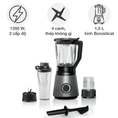 Máy xay sinh tố Bosch MMB6177S VitaPower Serie 4 - Thiết kế hiện đại, công suất 1200W, chịu nhiệt, thích hợp xay sinh tố, súp nóng, đồ uống lạnh.