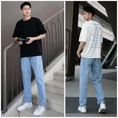 Quần Jean Baggy Rách Gối Unisex Màu Xanh Nhạt - Thời Trang Nam Nữ Chất Liệu Denim Bền Đẹp, Phong Cách Trẻ Trung
