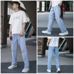 Quần Jeans Baggy Nam Rách Gối Màu Xanh Trắng Nhạt - Chất Denim Cotton Bền Bỉ, Kiểu Dáng Unisex Thời Trang