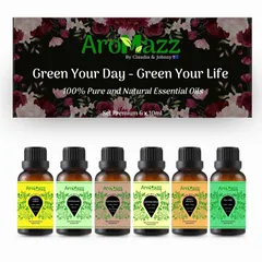 Set Tinh Dầu Thiên Nhiên AroMazz 100% Nguyên Chất Nhập Khẩu Ấn Độ - Bộ 6 Mùi Cao Cấp: Gỗ Đàn Hương, Ngọc Lan Tây, Sả Chanh và Hương Thơm Giúp Thư Giãn