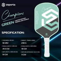 (XẢ KHO) Vợt Pickleball ZSPORTS CHAMPIONS 16mm – Mặt sợi thủy tinh, Lõi tổ ong PP, Trọng lượng 230g, Lựa chọn hoàn hảo cho người mới chơi