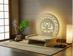 Bàn Thờ Phật Bồ Tát Hào Quang Hoa Sen - Gỗ MDF Chống Ẩm Tích Hợp Đèn LED Ấm 48x28x41cm - Vật Phẩm Phong Thủy Hiện Đại