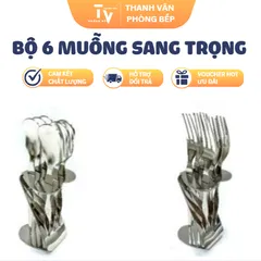 BỘ 6 MUỖNG, NĨA INOX 304 VÀ GIÁ ĐỠ ĐỂ BÀN (TV1527)