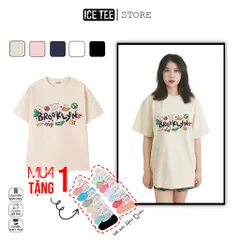 Áo Thun Nữ, Áo Phông Nam Nữ Unisex Tay Lỡ ICETEE Mã i19 Hình in Brooklyn Cute Chất Cotton Form Rộng Phong Cách Ulzzang