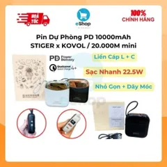 Pin Sạc Dự Phòng STIGER x KOVOL / 20.000M Mini 10.000mAh Sạc Nhanh 22.5W Liền Dây Cáp L & C Chuẩn 3C