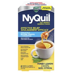 Vicks NyQuil Hot Remedy, giảm nhanh cảm cúm và nghẹt mũi, Bột pha đồ ​​uống hương mật ong chanh