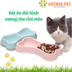Bát ăn đôi nhựa hình xương đựng thức ăn, nước uống cho chó mèo