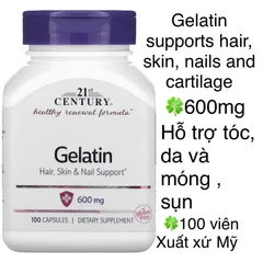 [MỸ] Viên Gelatin supports hair, skin, nails and cartilage 600mg 21st Century 100 viên Hỗ trợ tóc, da và móng