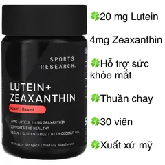 [MỸ] Viên 20 mg Lutein, 4 mg Zeaxanthin plant based 30 viên Sports Research Hỗ trợ sức khỏe mắt