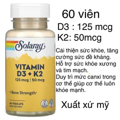 [ Mỹ ] Vitamin D3+ K2  Solaray 60 viên giúp bổ sung khoáng chất cho cơ thể