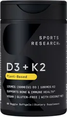 Vitamin D3 + K2 Sports Research®  với Dầu Dừa - Vitamin D Thuần Chay 5000IU & Mk7 Vitamin K 100mcg hỗ trợ xương và hệ miễn dịch của Mỹ