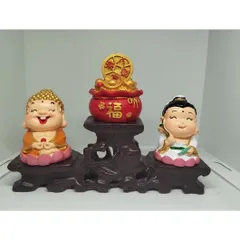 Bộ tượng phật tổ, bồ tát, chậu xu vàng kèm đế tam cấp