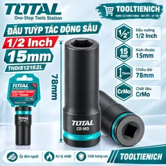 Đầu Tuýp Tác Động Sâu TOTAL 1/2 Inch 15mm THDIS12152L – CrMo Dài 78mm, Ép Đùn Nguội