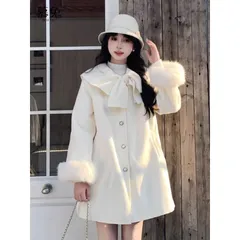 Áo choàng dạ lông dáng rộng đính tay lông xù bông tiểu thư