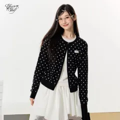 Áo khoác len cardigan 2 lớp cổ tròn chấm bi đen trắng cho nữ tiểu thư
