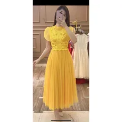 Đầm ren tay cánh tiên che bắp tay dáng dài Đúp lót 2 lớp Màu vàng + xanh mint + tím nhạt Hàng có sẵn giao ngay
