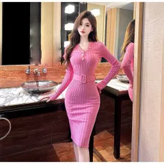 Đầm liền dệt kim kiểu mới cổ chữ V thiết kế thắt lưng Thắt lưng tôn dáng tôn dáng váy dài tay thon gọn