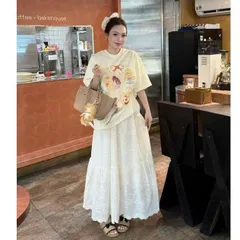 Sét Áo thun form rộng  in gấu Biri Bear dễ thương phối chân váy ren dài nữ tính – Set đồ Hàn Quốc mùa hè 2025 TH-155