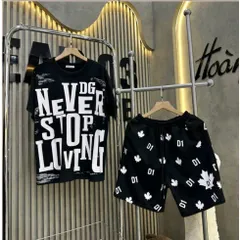 (B004) Bộ quần áo cộc unisex nam nữ Never - D2, áo phông in chữ Never mix quần đùi gió 2 lớp in chữ D2