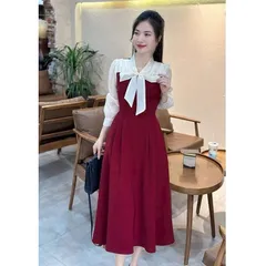 Váy công sở phối sơ mi cổ buộc nơ siêu xinh - May0915