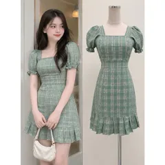 (PASS) Đầm caro cổ vuông đuôi cá (<45kg)