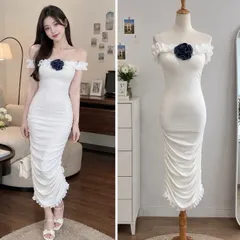 (PASS) Đầm body trễ vai viền bèo đính hoa (<50kg)