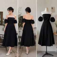 (PASS) Đầm trễ vai tay bồng màu đen (<45kg)