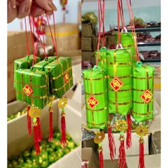 Combo 4 Liễn Bánh Chưng Bánh Tét Treo Cây Trang Trí Tết, Kèm Dây Treo Tiền Vàng May Mắn
