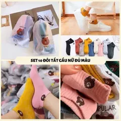 Set 10 đôi tất vớ nữ cổ ngắn hình gấu kute tặng kèm túi rút loại dày, chất mềm