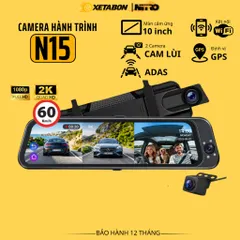 Camera hành trình gương N15 CARLOVER kết nối điện thoại ghi hình 2K trước sau trong khoang lái, gps cảnh báo tốc độ,ADAS