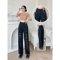 Quần jean nữ dáng dài ống rộng mẫu rách phối xích màu đen