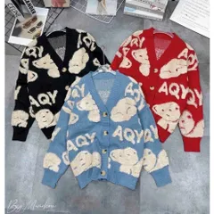 Áo khoác len cardigan nữ tay dài hình gấu nhiều màu hàng QC len dày đẹp