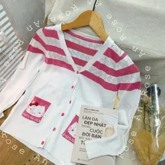 Áo khoác len cardigan nữ có túi phối sọc hồng