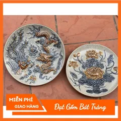 Mâm bồng men rạn nổi đắp họa tiết rồng - sen đồ thờ cúng Bát Tràng