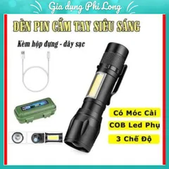 Đèn pin siêu sáng mini có Zoom xa gần, 3 chế độ sáng có móc treo tiện dụng tặng kèm hộp đựng, đèn pin mini cầm tay