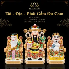Bộ Tượng Tài – Địa – Phát Gấm Đỏ Cam Mạ Vàng Cao Cấp - Phát Lộc Chiêu Tài, Hòa Hợp & Vượng Khí - Tụ Linh Các