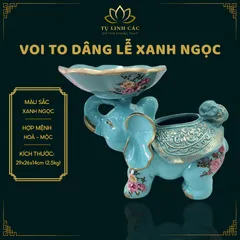 Tượng voi đỡ lễ xanh ngọc Tụ Linh Cúc vật phẩm phong thủy kích thước 29x26x14cm