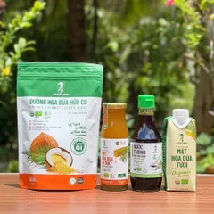 Combo 4 sản phẩm mật hoa dừa hữu cơ Sokfarm (Đường 300g + Mật cô đặc 250g + Nước tương 200ml + Mật tươi 330ml).