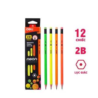 Hộp 12 bút chì 2B Neon Deli nhiều màu kèm đầu tẩy