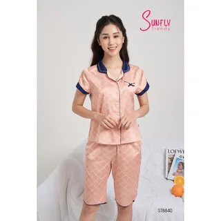 Bộ Pijamas Sunfly ST8840 vải lụa áo cộc quần ngố họa tiết ô trám