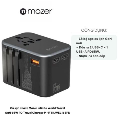 Củ Sạc Nhanh Mazer Infinite World Travel GaN 65W PD - Bộ Sạc Du Lịch Tương Thích 150 Quốc Gia, USB-C và USB-A