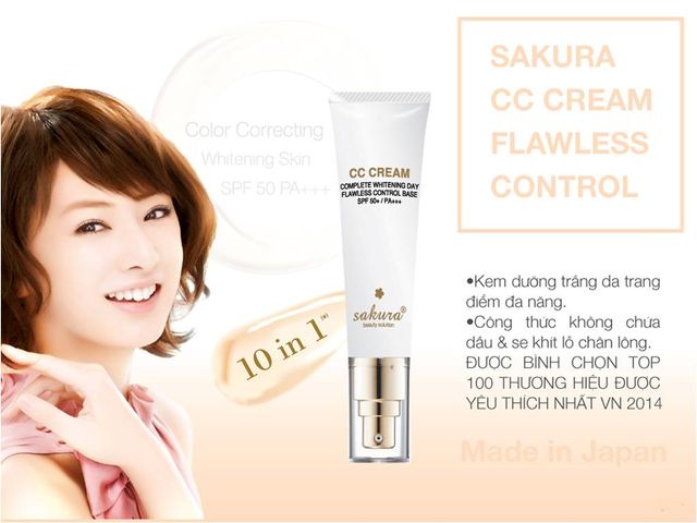 Kem Nền Sakura CC Cream Flawless Control Base Nhật Bản - Kem Trang Điểm Chống Nắng SPF50/PA++++, Che Khuyết Điểm Hoàn Hảo, Lớp Nền Tự Nhiên