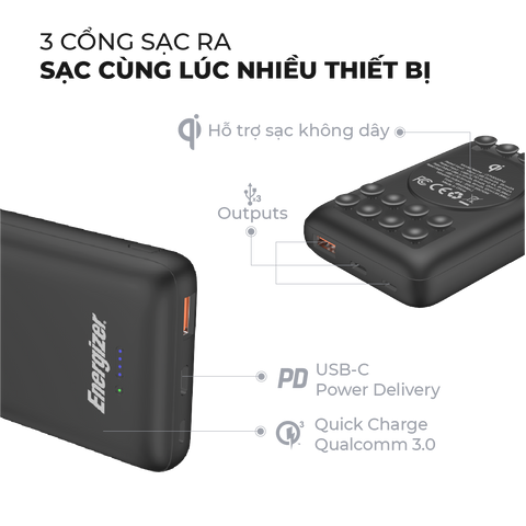 Pin Sạc Dự Phòng Không Dây 10000mAh Energizer QP10000PQBK - Sạc Nhanh Qi, Thiết Kế Gọn Nhẹ, Dùng Cho Smartphone Và Thiết Bị Di Động