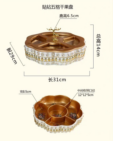 Khay Đựng Bánh Kẹo Mứt Gắn Đá Nắp Hươu Vàng Sang Trọng - Khay Trang Trí Tết Sang Chảnh, Nhiều Ngăn Tiện Dụng