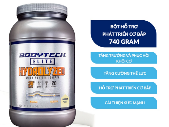 Bột Uống Tăng Cơ Bắp BodyTech Elite Hydrolyzed Whey Protein Isolate 740g - Hỗ Trợ Phục Hồi Cơ Bắp, Hương Vani Thơm Ngon