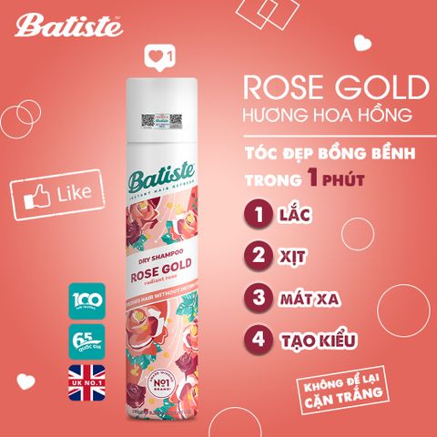 Dầu Gội Khô Batiste Rose Gold Hương Hoa Hồng - Sạch Tóc Nhanh Chóng, Tạo Độ Phồng Sang Trọng, 200ml