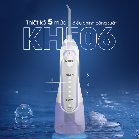 Máy Tăm Nước Cầm Tay Kalite KHF06 - 5 Mức Áp Lực, 6 Đầu Tăm Đầy Tiện Ích, Thiết Kế Nhỏ Gọn, Chống Nước IPX7, Dùng Hàng Ngày