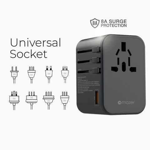 Củ Sạc Nhanh Mazer Infinite World Travel GaN 65W PD - Bộ Sạc Du Lịch Tương Thích 150 Quốc Gia, USB-C và USB-A